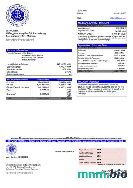 Myanmar Investment and Commercial Bank wyciąg z kredytu hipotecznego szablon Word i PDF
